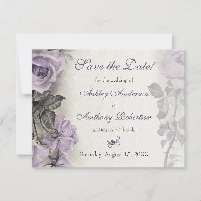Vintage Purple Rose Wedding Save the Date (Front)