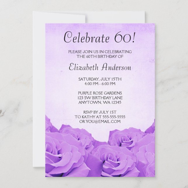 Vintage Purple Roses 60th Birthday Party Invitation (Front)
