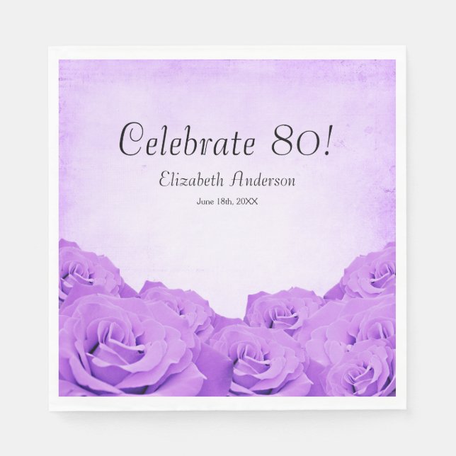Vintage Purple Roses 80th Birthday Party Napkin (Front)