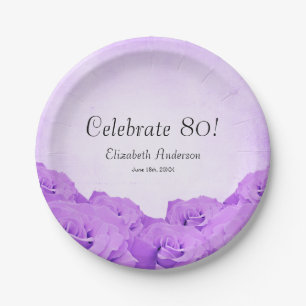 Vintage Purple Roses 80th Birthday Party Paper Plate