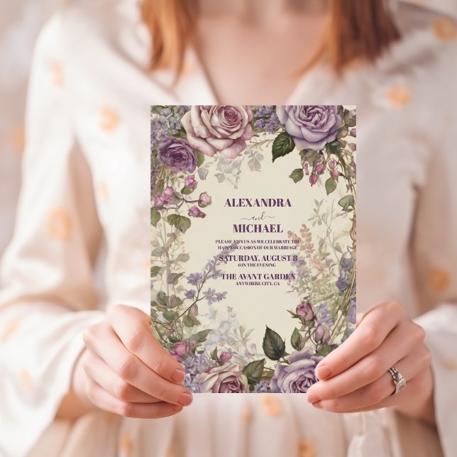 Vintage Purple Roses Floral Wedding Invitation (Creator Uploaded)