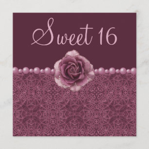 Vintage Purple Roses, Pearls & Lace Sweet 16 Invitation