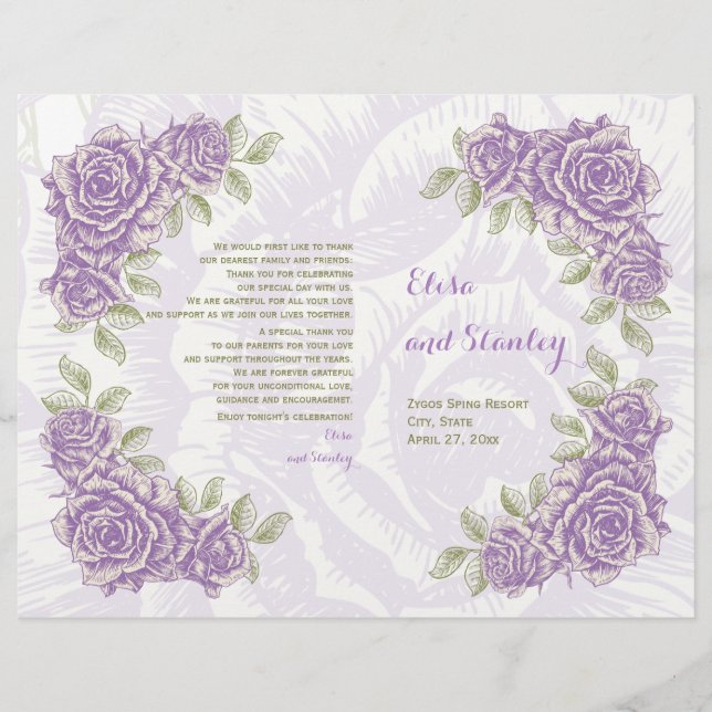 Vintage purple roses wedding folded program (Front)