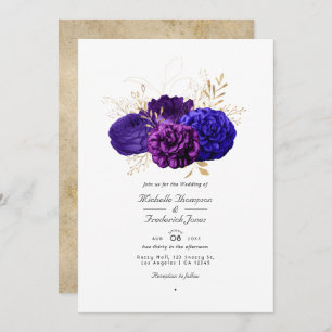 Vintage Purple, Royal Blue and Gold Floral Wedding Invitation