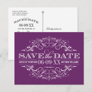 Vintage Purple Scrollwork Wedding Save the Date Announcement Postcard