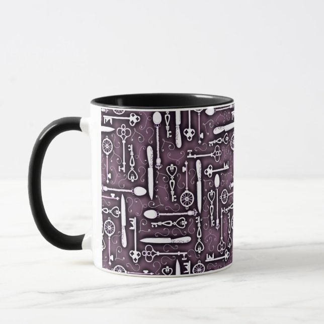 Vintage Purple Steampunk Pattern Keys Knives Spoon Mug (Left)