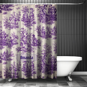 Vintage Purple Toile Floral Monogram Shower Curtain