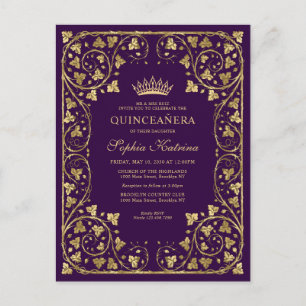 Vintage Purple Violet Gold Frame Tiara Quinceanera Invitation Postcard