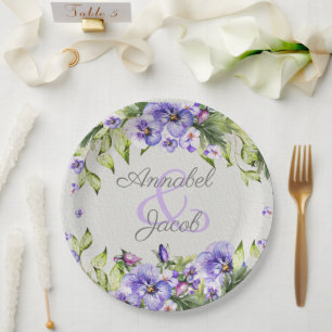 Vintage Purple Watercolor Pansy Wedding Paper Plate