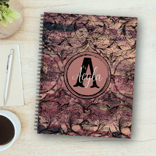 Vintage Purple Wood Black Floral Rustic Monogram Notebook