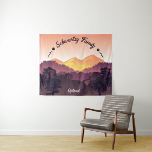 Vintage Purple Yellow Farmhouse Mountain Sunset Tapestry