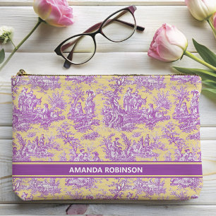 Vintage purple yellow toile de jouy printed accessory pouch