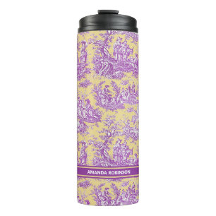 Vintage purple yellow toile de jouy printed thermal tumbler
