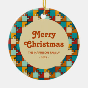 Vintage Puzzle Frame Merry Christmas Family Photo Ceramic Ornament