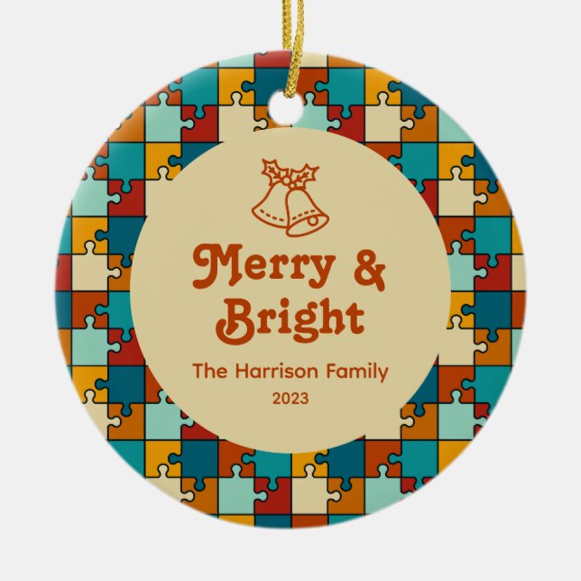 Vintage Puzzle Merry & Bright Family Photo Ceramic Ornament (Front)