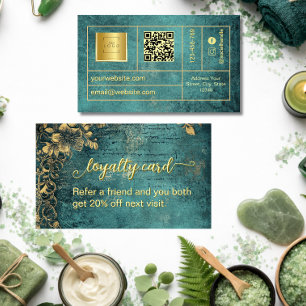 Vintage Qr Code Emerald Green Gold and Black Loyalty Card