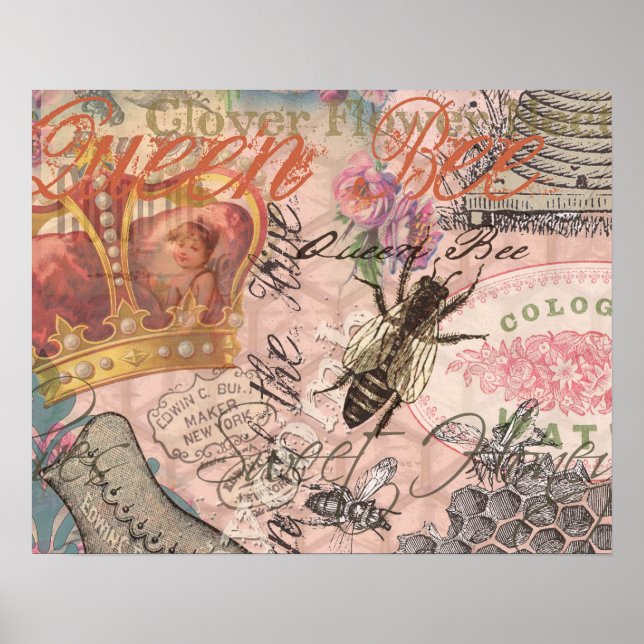 Vintage Queen Bee Beautiful Girly Collage Poster (Front)