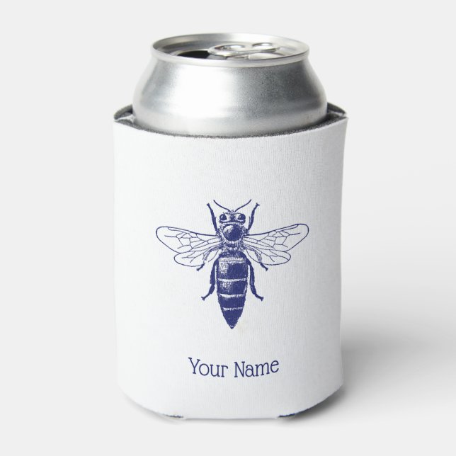 Vintage Queen Bee Drawing in Blue Can Cooler (Can Front)