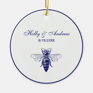 Vintage Queen Bee Drawing in Blue Ceramic Ornament