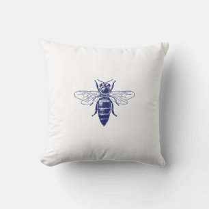 Vintage Queen Bee Drawing in Blue Cushion