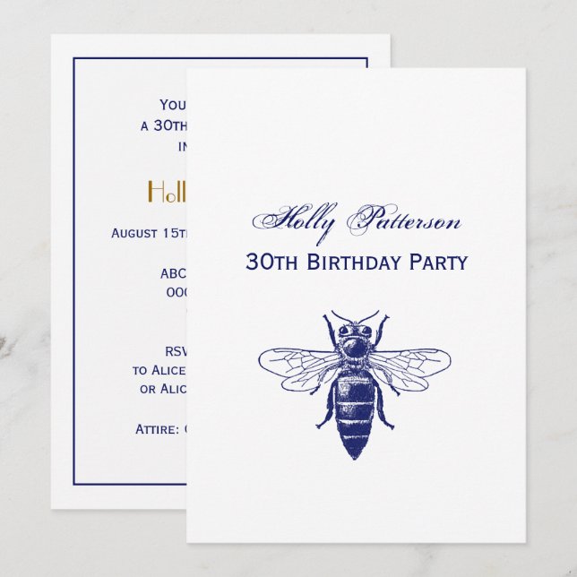 Vintage Queen Bee Drawing in Blue Invitation (Front/Back)