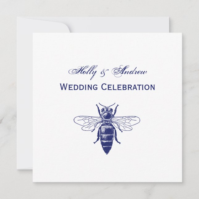 Vintage Queen Bee Drawing in Blue Invitation (Front)