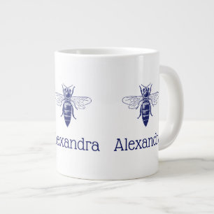 Vintage Queen Bee Drawing in Blue Large Coffee Mug