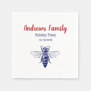 Vintage Queen Bee Drawing in Blue Napkin