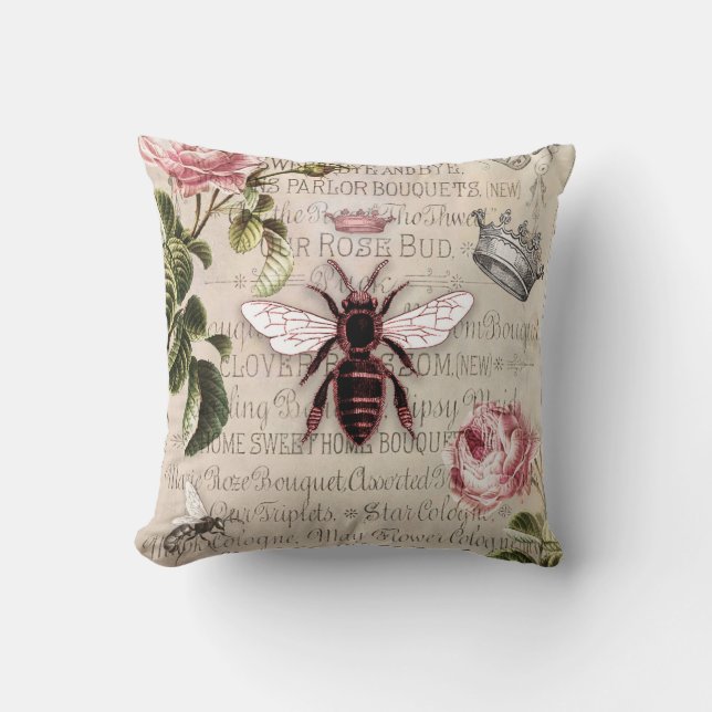 Vintage Queen Bee Ephemera Cushion (Front)