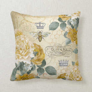Vintage Queen Bee Golden Roses Floral Cushion