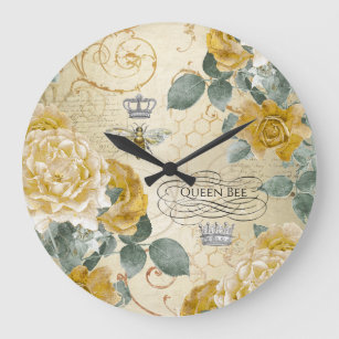 Vintage Queen Bee Golden Roses Floral Large Clock
