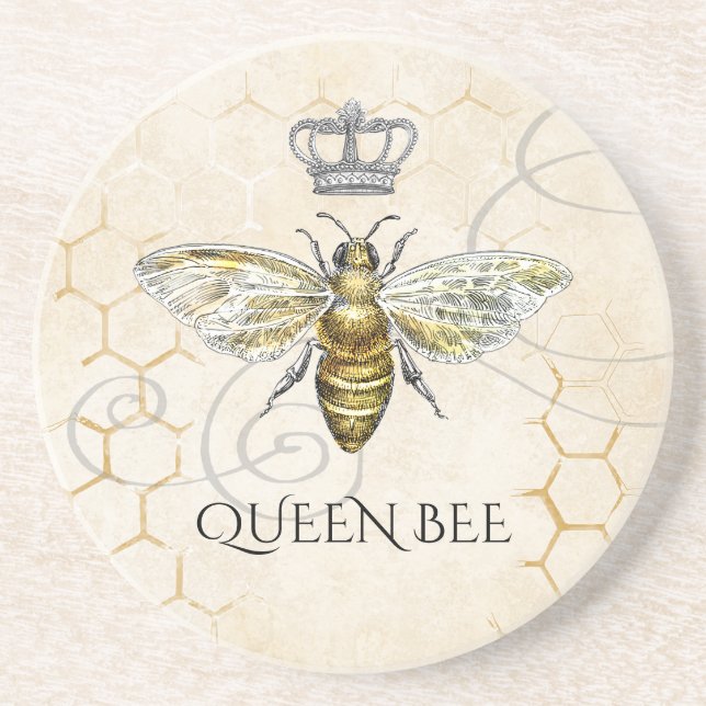 Vintage Queen Bee Royal Crown Beige Coaster (Front)