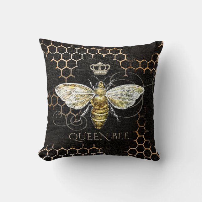 Vintage Queen Bee Royal Crown Black Cushion (Front)