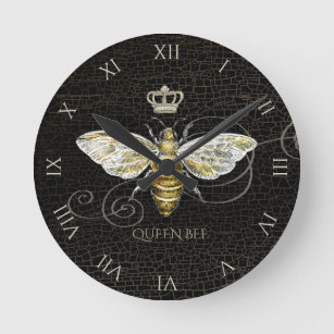 Vintage Queen Bee Royal Crown Honeycomb Black Round Clock