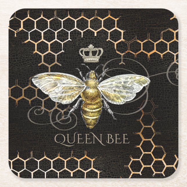Vintage Queen Bee Royal Crown Honeycomb Black Square Paper Coaster (Front)