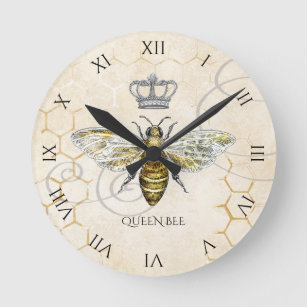 Vintage Queen Bee Royal Crown Roman Numerals Round Clock
