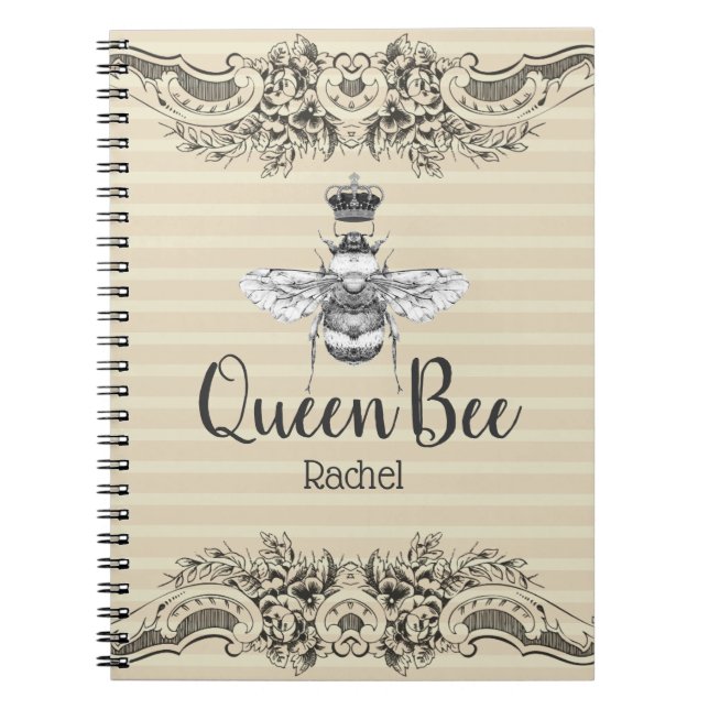 Vintage Queen Bee & Stripes | Personalised Notebook (Front)