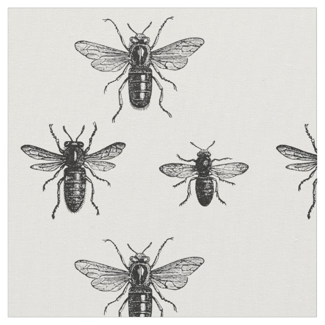 Vintage Queen Bee & Working Bees Illustration Fabric (Close Up)
