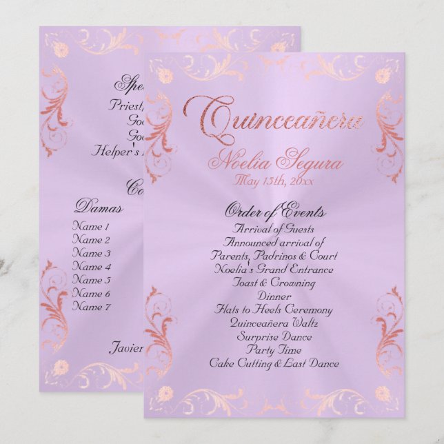 Vintage Quinceanera Program -Lavender/Rose Gold (Front/Back)