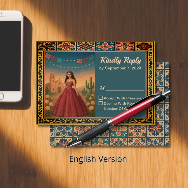 Vintage Quinceañera Red Gown Theme RSVP Card (Vintage Quinceañera Red Gown Theme RSVP Ca)