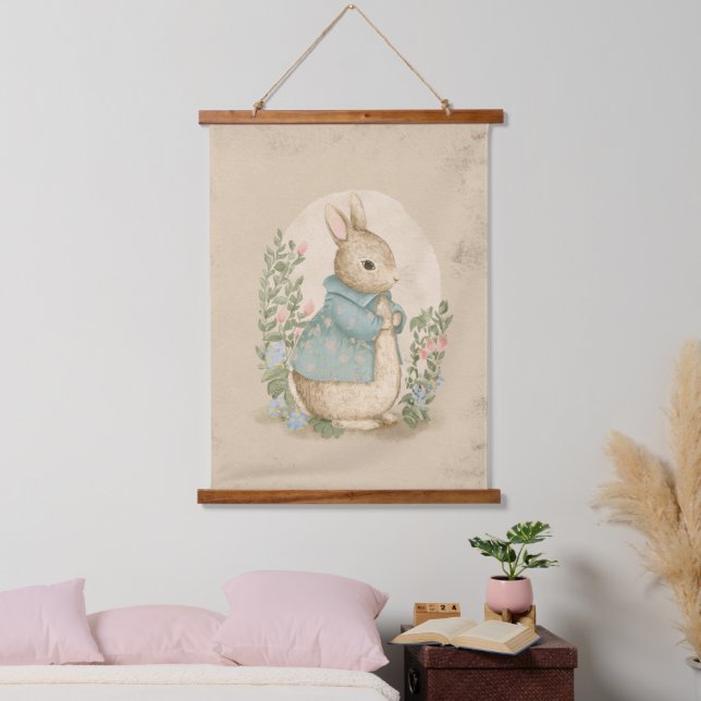 vintage rabbit beatris with flowers hanging tapestry (Bedroom)