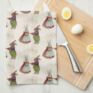 Vintage Rabbit Couple in Victorian Clothing Tea Towel