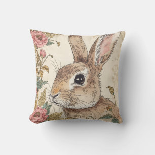Vintage Rabbit,Cut Bunny Rabbit, Flowers Pattern Cushion