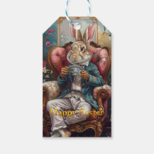Vintage rabbit Drinking Tea Happy Easter Gift Tags