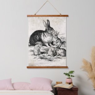 Vintage Rabbit Family Illustration, Baby Bunnies Hanging Tapestry