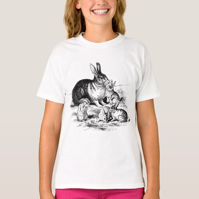 Vintage Rabbit Family Illustration, Baby Bunnies T-Shirt (Front)