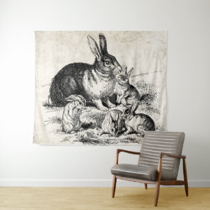 Vintage Rabbit Family Illustration, Baby Bunnies Tapestry