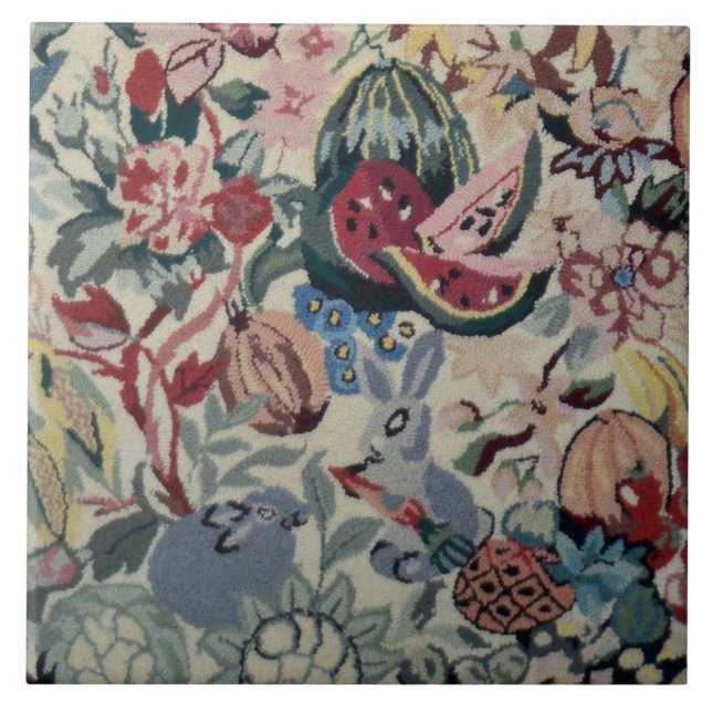 Vintage Rabbit Fruit Veggie Flower Rug 6" Tile (Front)