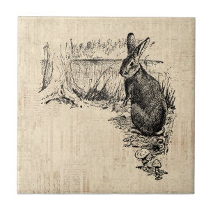 Vintage Rabbit Illustrated Bunny Art Ceramic Tile
