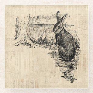 Vintage Rabbit Illustrated Bunny Art Glass Coaster